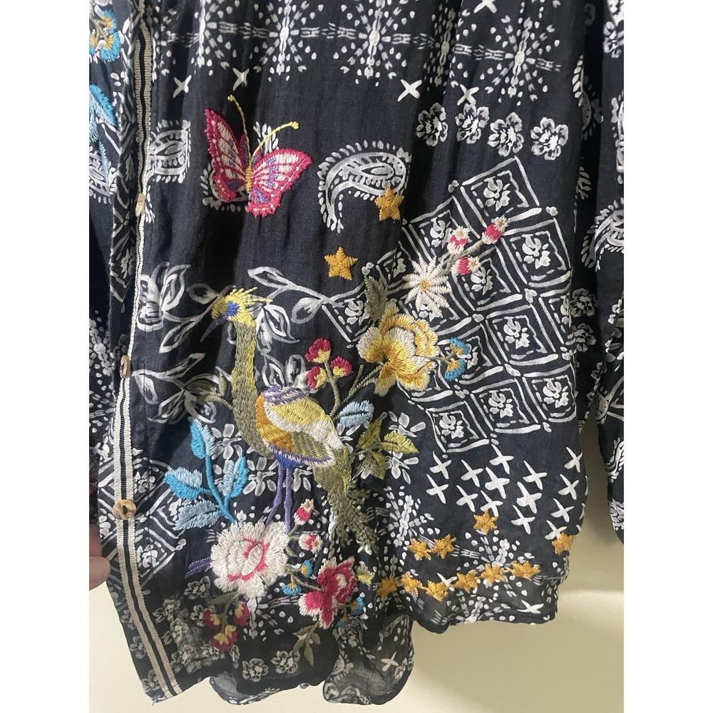 Johnny Was Workshop M Oversized Embroidered Button Down Bird Floral Boho Whimsy - Picture 8 of 13